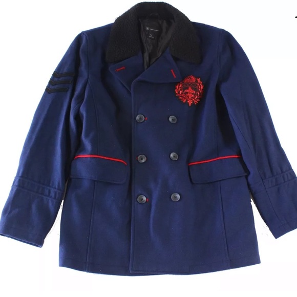 INC-Navy Blue Double-Breatsted Topcoat Wool L